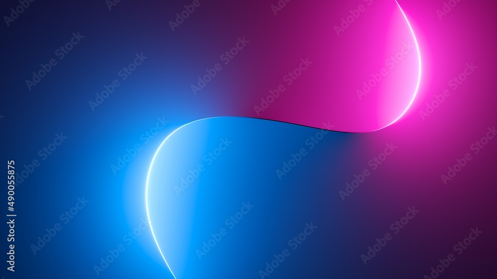 3d render, abstract pink blue neon background with glowing curvy line ...