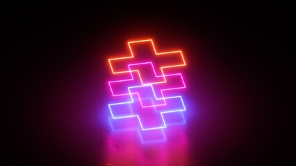 Wall Mural - 3d render, abstract geometric background with neon cross shapes, colorful glowing lines