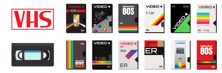 Vector collection set of vector cassette tapes old 80's style graphics. Blockbuster videos. VHS effect. 80's and 90's style. Retro vintage covers. Easy to edit design templates