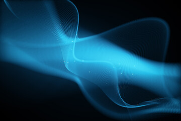 Creative glowing blue wave hologram on dark backdrop. Technology and metaverse concept. 3D Rendering.