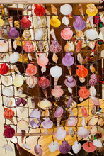 Shells Of Various Colors Hanging From A Net In A Shop In Mauritius