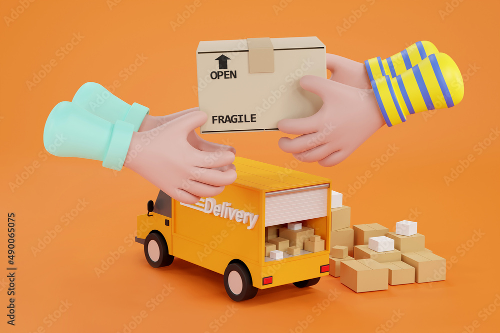 Cartoon hand accepting a delivery of boxes from deliveryman. Stock ...