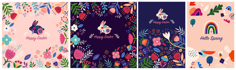 Wall Mural - Happy Easter illustrations. Colorful floral illustration with rabbit. Happy easter greeting card with decorative easter bunny	