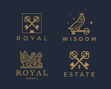 Royal Key Logos. Luxury Real Estate Brand Icon Set. Elegant Gold Property Keys Symbol Collection. Premium Golden Design Element Illustration Vector Pack.