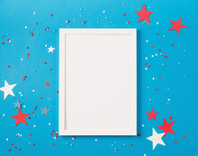 USA Independence Day Party Elements Top View Flat Lay On Blue With Frame For Mockup