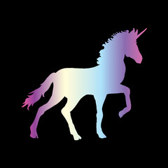 Unicorn silhouette vector illustration. Pink blue magic unicorn on white background.