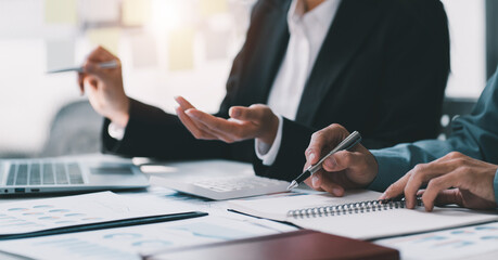 Co working conference, Business team meeting present, investor colleagues discussing new plan financial graph data on office table with laptop and digital tablet, Finance, accounting, investment.