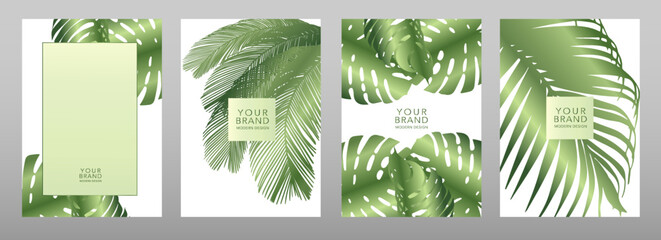 Wall Mural - Tropical cover design set with green leaves on a white background, palm tree pattern. Exotic floral vector template for brochure, menu, summer sale, eco poster, travel booklet, catalog, invite.