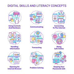 Poster - Digital literacy and skills concept icons set. Computer system. Cyberspace idea thin line color illustrations. Isolated symbols. Editable stroke. Roboto-Medium, Myriad Pro-Bold fonts used