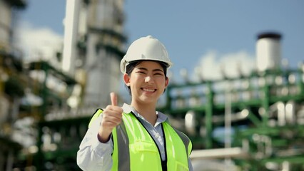 Wall Mural - Asian engineer manager woman with white safety helmet standing front of oil refinery with tablet. Industry zone gas petrochemical. Factory oil storage tank and pipeline. Workers in the construction.