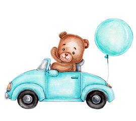 Teddy bear in blue car with balloon; watercolor hand drawn illustration; with white isolated background