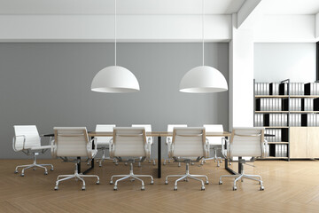 Minimalist meeting room with wood file cabinet and hanging lamp, gray wall and wood floor. 3d rendering