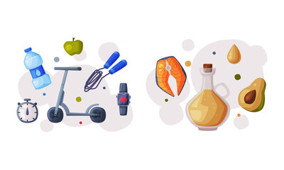 Sticker - Healthy diet and sports objects set. Organic nutritious food and sports equipment vector illustration