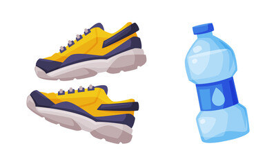 Sticker - Athletic shoes and water bottle set. Sports and healthy lifestyle concept vector illustration