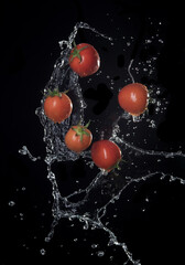 Wall Mural - fresh red tomatoes in splash of water isolated on black background