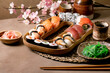 Japanese dish sushi and rolls rice with fish