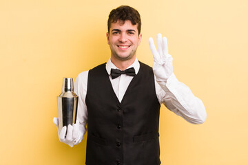 Wall Mural - young handsome man smiling and looking friendly, showing number three. bartender cocktail