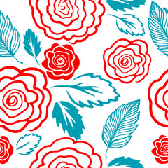Red and blue simple roses seamless pattern. Vector illustration