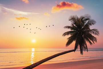 Wall Mural - silhouette palm tree at tropical beach with birds flying on sunset sky abstract background. nature e