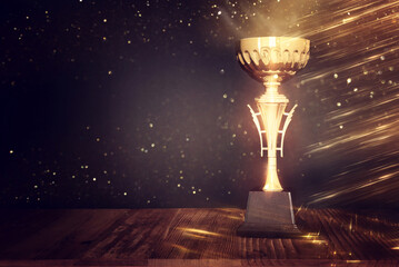 Wall Mural - image of gold trophy over dark background, with abstract shiny lights