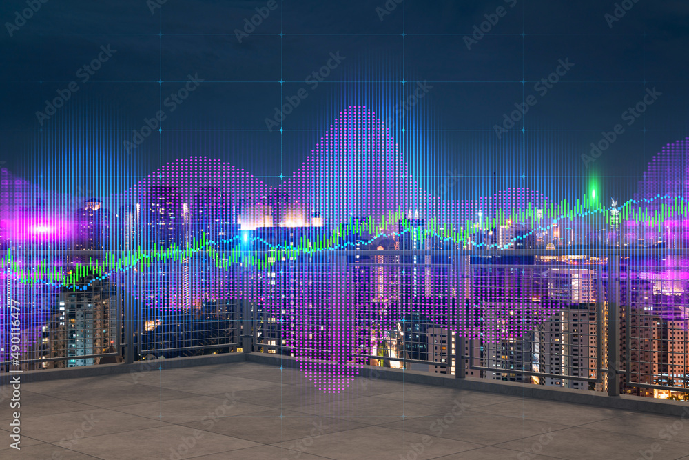 Rooftop with concrete terrace, Kuala Lumpur night skyline. Forecasting ...