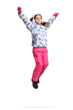 Girl Wearing Winter Jacket And Earmuffs And Jumping