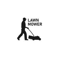 Lawn Mowing Worker Or Gardener Standing Or Walking And Holding Mower Black Vector Silhouette Illustration.
