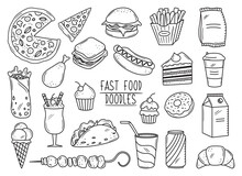 Set Of Outline Fast Food Drawings. Doodle Silhouettes Of Takeaway Meals. Pizza, Burger, Sandwich, Hotdog, Ice Cream, Taco, Soda And Other Elements. Black Line Vector Illustration