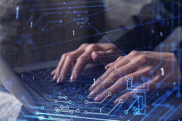 Wall Mural - Woman typing the keyboard to create innovative software to change the world and provide a completely new service. Close up shot. Hologram tech graphs. Concept of Dev team. Formal wear.