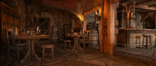 Wide Panoramic View Of Fantasy Medieval Tavern Inn Interior. 3D Rendering.
