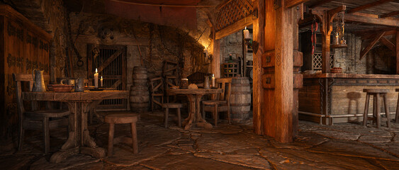 Poster - Wide panoramic view of fantasy medieval tavern inn interior. 3D rendering.