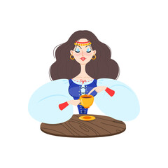 Sticker - Fortune teller female character. Cartoon illustration of a beautiful girl telling the future using coffee grounds isolated on a white background. Vector 10 EPS.