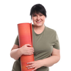 Poster - Happy overweight mature woman with yoga mat on white background