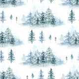 Fototapeta Las - Seamless pattern with watercolor illustrations of forest trees christmas trees on white background, hand painted close up.	

