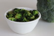 Sauteed broccoli in a white bowl, shot on a white background