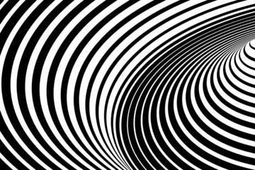 Wall Mural - Background illusion optical. Abstract 3d pattern. Black and white line wave. Spiral geometric stripe. Hypnotic op waves. Hypnosis texture. Art swirl stripes bg. Wavy design prints. Vector illustration