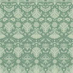 Wall Mural - Damask paisley sage green seamless repeat pattern. Hand drawn, vector boho ethnic elements, flowers, leaves and dots all over print in pastel greens.