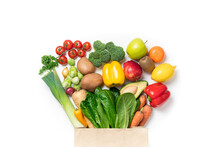 Healthy Food Background. Healthy Food In Paper Bag Vegetables And Fruits On White. Food Delivery, Shopping Food Supermarket Concept