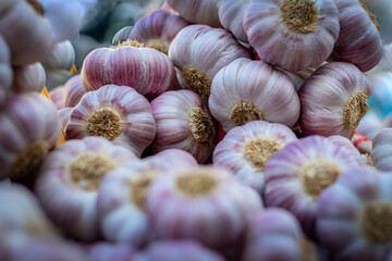 Sticker - Closeup of fresh garlic in a market