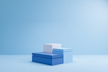 3 step cube blue podium on blue background, minimal concept,  showcase for product. 3D render