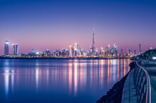 Beautiful Shot Of Buildings In Dubai In Night Lighting.