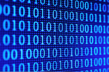 Illustration of running binary codes on a blue blurry background
