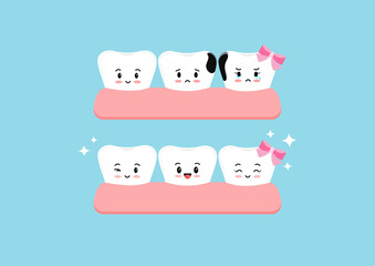 Sticker - Cute teeth character before and after proximal decay in gym dental icon set isolated. Both tooth with interdental caries hole treatment concept. Flat cartoon dentistry clip art vector illustration