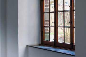 Sticker - Beautiful interior design of  an arch window with wooden pattern at home