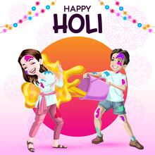 Holi Greetings With Joyful Boy And Girl Playing With Colors