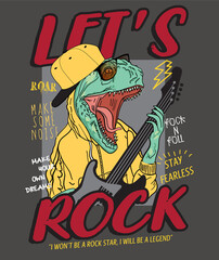 Sticker - Illustration of a poster of a dinosaur with a guitar and Let's Rock on it