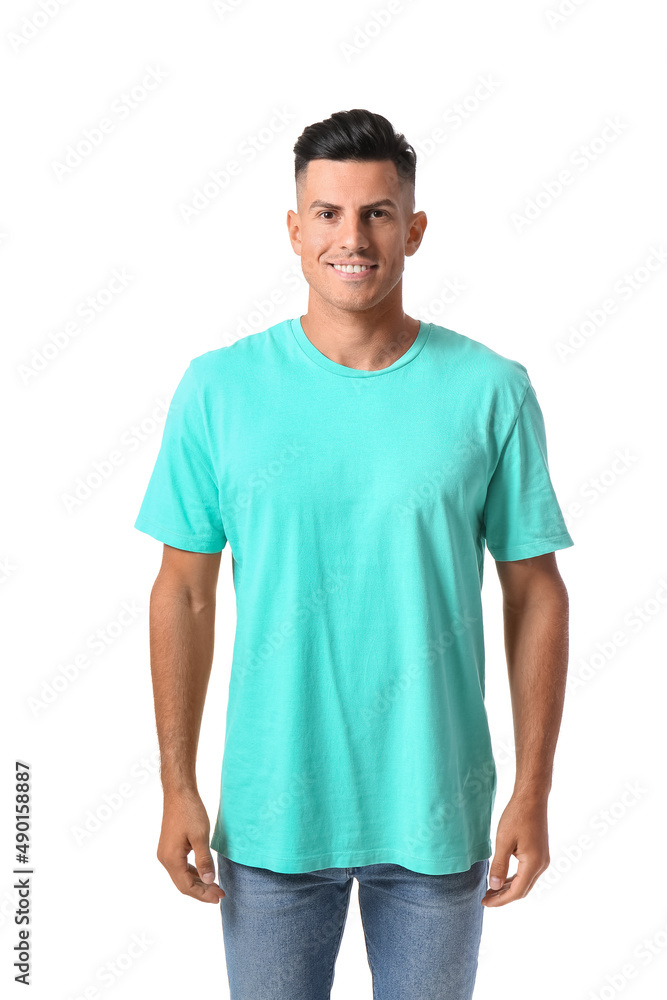 Handsome young man in stylish t-shirt isolated on white