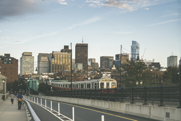 Sticker - Boston red subway line on the Longfellow Bridge with scenic view of skyscrapers