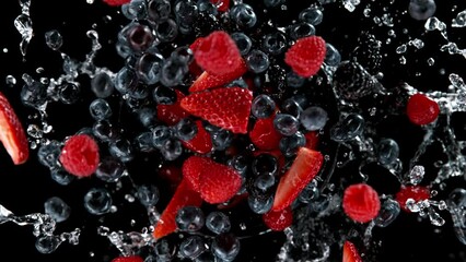 Aufkleber - Super slow motion of rotating berries fruit with splashing water, black background. Filmed on high speed cinema camera, 1000 fps. Speed ramp effect.