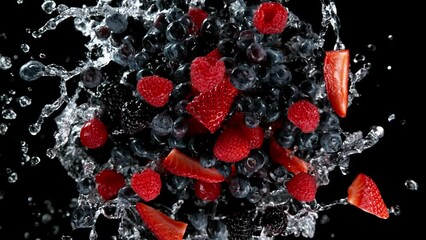 Sticker - Super slow motion of rotating berries fruit with splashing water, black background. Filmed on high speed cinema camera, 1000 fps.